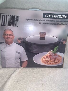 Robert Irvine Black Casserole with Wood-Tone Knob and Accents